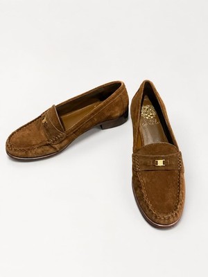 Vince Camuto Colin Brown Suede Penny Loafers Gold Bit Accent Women s Size 7M N
