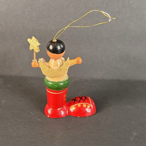 Vintage Green Wooden Angel Figurine Ornament - Picture 3 of 5