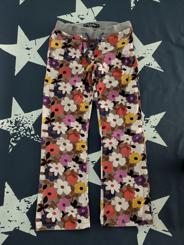 Mini Boden Girls (9) Floral Corduroy Pants Heart Pockets Ribbed Waist - EUC