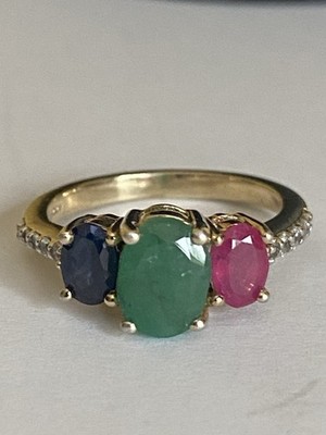 Gold vergoldeter Sterlingsilber Saphir Smaragd Rubin und weißer Topas Ring Größe O