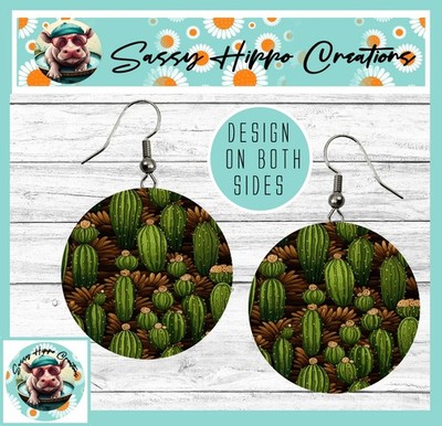 Earrings Round Silver Hook Backs Flowering Cactus Desert Cacti Western MDF