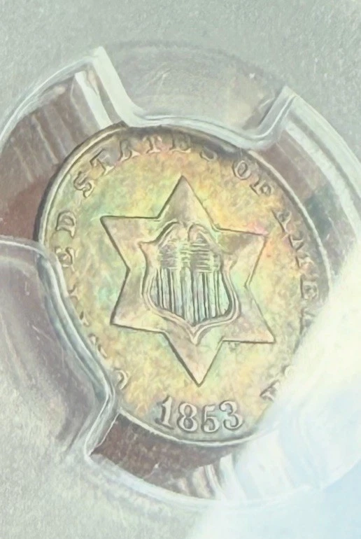 TONED 1853 3 CENT SILVER TRIME PCGS AU58 (RAINBOW TONING)! - Image 3 of 4