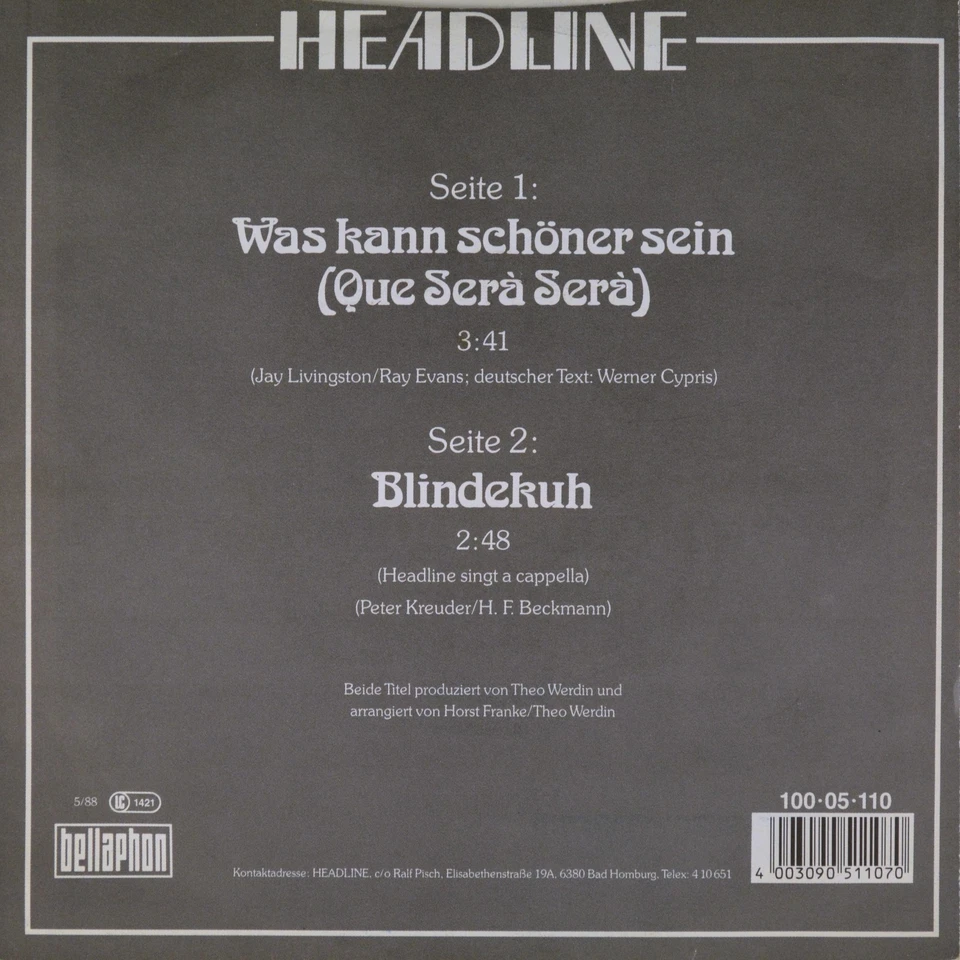 7" HEADLINE Was kann schöner sein CV DORIS DAY Que Serà BELLAPHON 1988 NEUWERTIG - Bild 2 von 4
