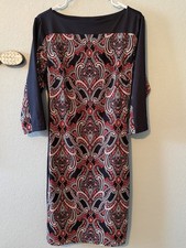 Ann Taylor A-Line Dress Women’s Size Medium Black Red 3/4 Sleeve Paisley Lined