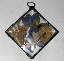 Small VTG Handmade Stained Glass Suncatcher with Dried Flowers, Floral Wall Art