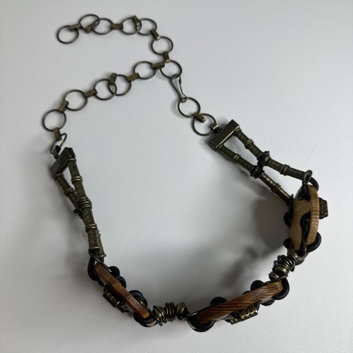 VTG Y2k Festival Medallion Belt Wood Brass Link Chain Adjustable Boho Tribal - Picture 9 of 14