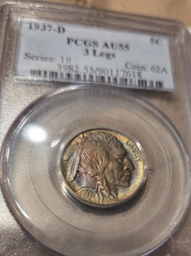 1937-D Rare "3-Legged" Buffalo Nickel PCGS AU-55 "Beautiful Rainbow Toning"!!!