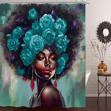 Teal African American Shower Curtain Black Girl Shower Curtain for Bathroom