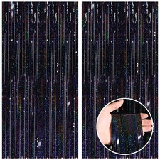 Laser Black Foil Fringe Backdrop Curtains 2 Pack 3.3x8.2 Feet Tinsel Streamers