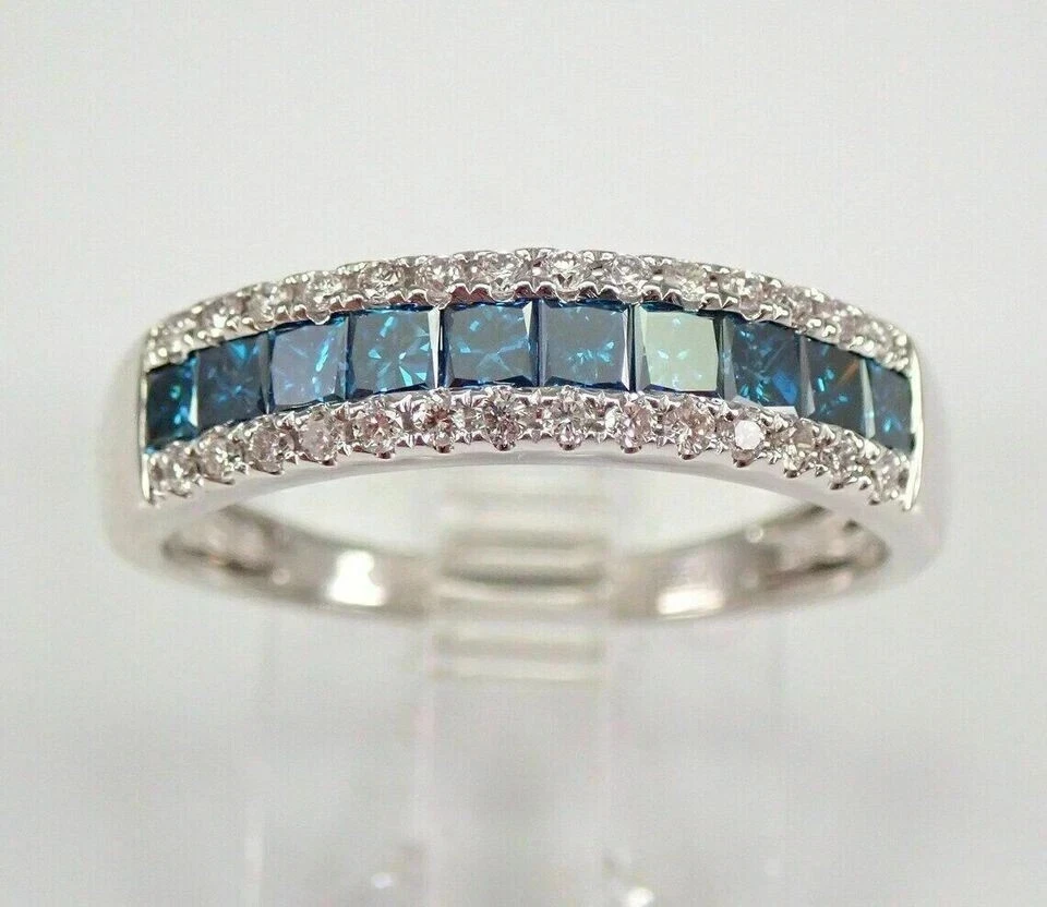 Anillo de boda aniversario diamante LBT corte princesa azul acabado oro blanco 14K 3 quilates Foto 3 de 4