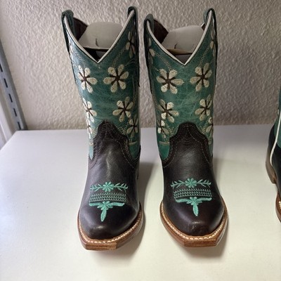 Kids Girls Leather Western Boots Teal Leather Flowers Snip Toe Size 16 Youth