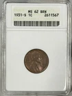 1931-S Lincoln Wheat Cent 1c ANACS MS62 BRN Penny Us Copper Coin KEY DATE!