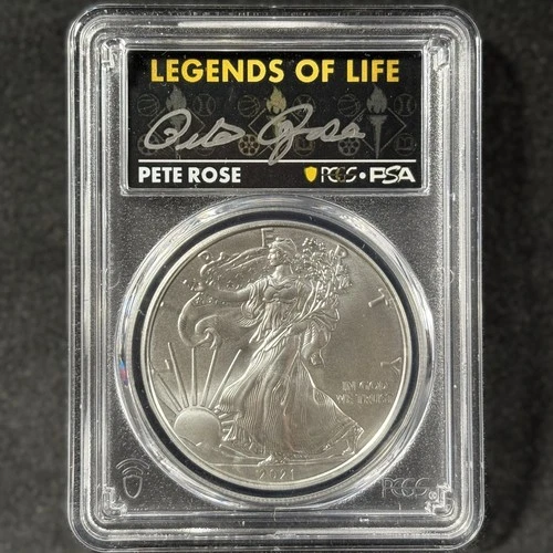 2021 Pete Rose Autograph Silver Eagle T-1 Baseball Legends PCGS PSA MS 70