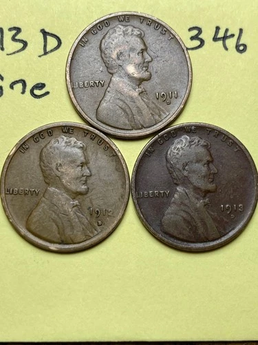 1911-D, 1912-D, 1913-D LINCOLN WHEAT CENT 3 COIN SET, "FINE" condition, #346