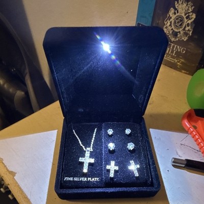 Silver Plated Religious Cross Necklace & CZ Stud Earrings Jewelry Set, Silver