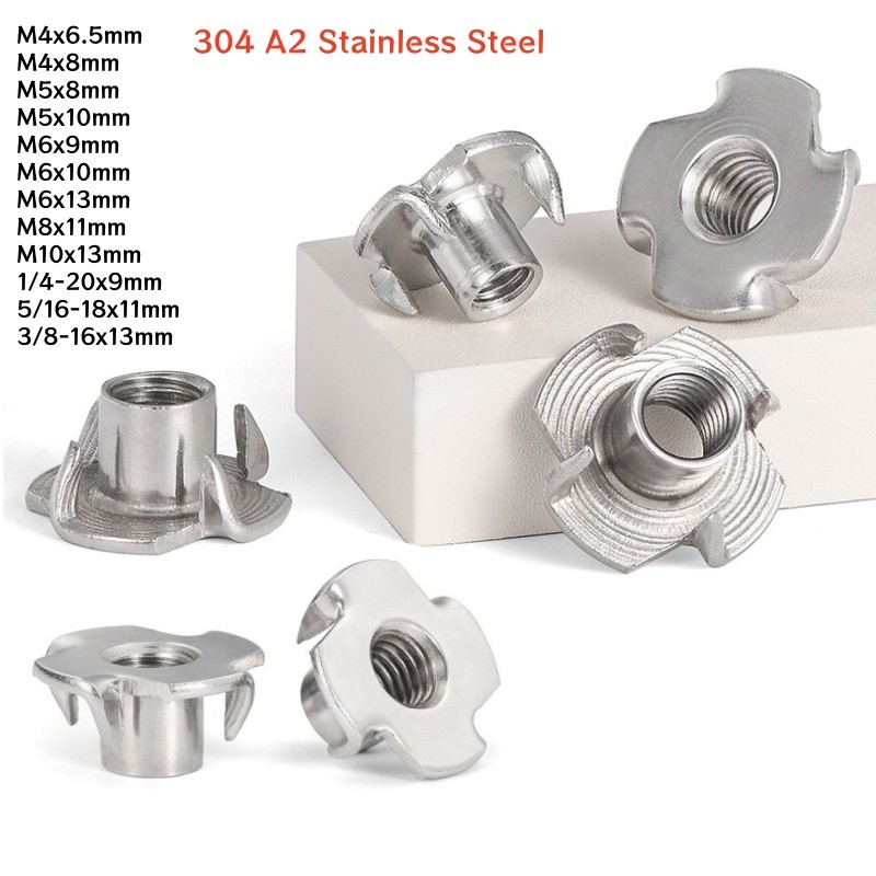 Stainless Steel Four Pronged T Nuts Captive Threaded Inserts For Wood Furniture
