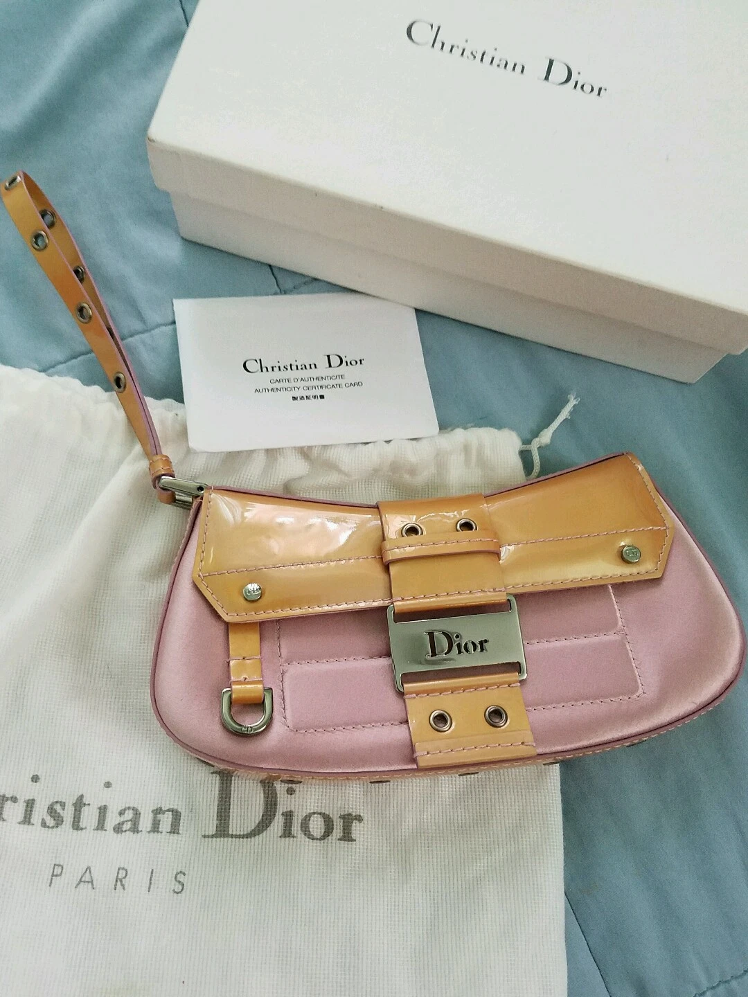 Bracelet selle de rue vert Christian Dior soie rose et cuir verni