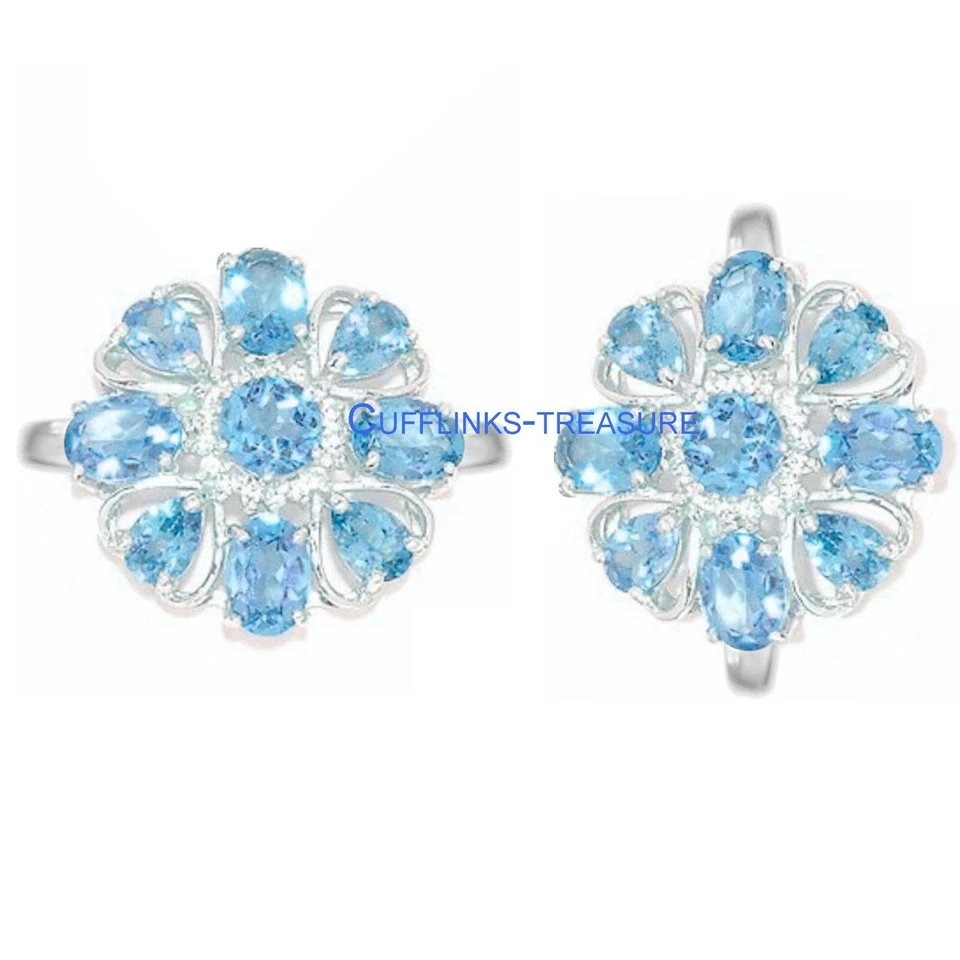 天然蓝色黄玉宝石带 925 纯银袖扣男式 #554 — 第 3/3 张图片