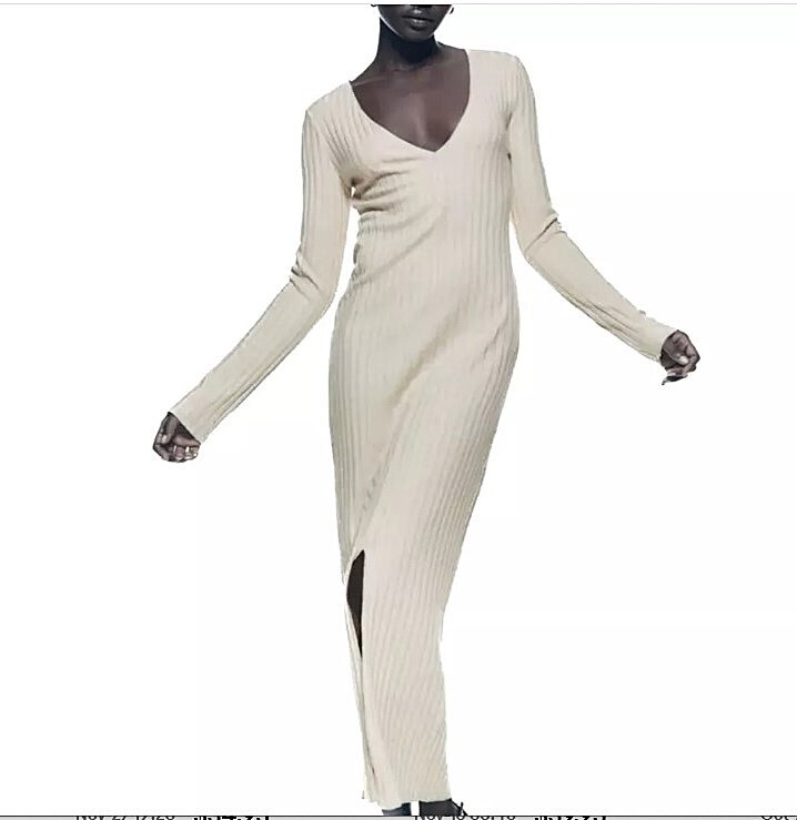 Zara Ribbed Knit Midi Dress MEDIUM Long Sleeve V-Neck Bodycon Soft Cream Slit | eBay Zara Ribbed Knit Midi Dress MEDIUM Long Sleeve V-Neck Bodycon Soft Cream Slit | eBay