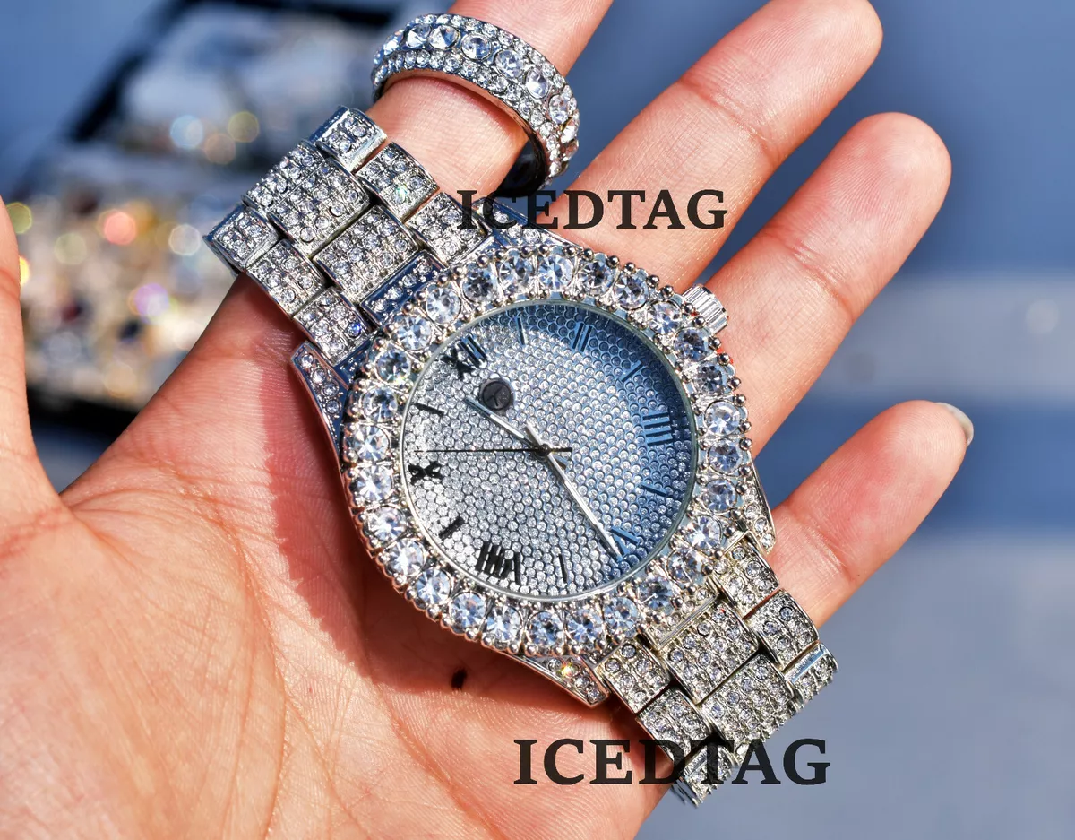 Lab diamond iced out watch sales
