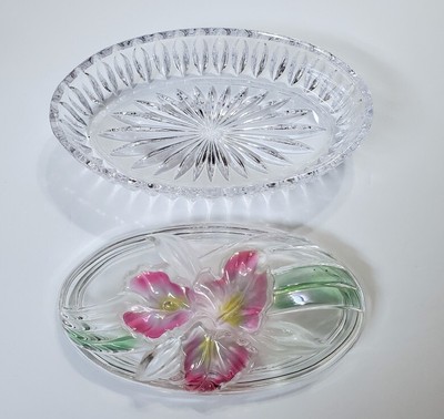 Vintage MIKASA Studio Nova Frosted & Painted ORCHID Oval 7'' Glass Trinket Dish
