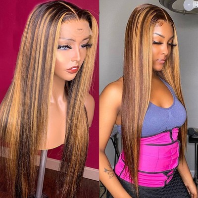 Highlight Straight Human Hair Wigs Bleached Knots Remy Lace Wigs Pre-Plucked