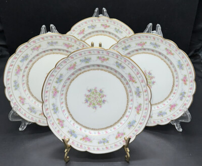 J P Limoges - FRANCE - Set / 4 Dessert Plates - Pretty Roses/Gold Rims - NICE!