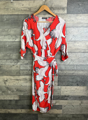 Mint Velvet Wrap Midi Dress Size UK 12 Red Julia Kimono Crane Bird Print