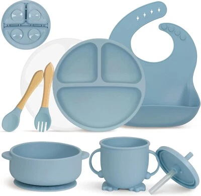 Baby Geschirrset 7-teilig mit Saugnapf Rutschfest Silikon Kind Blau Geschirr - Bild 1 von 4