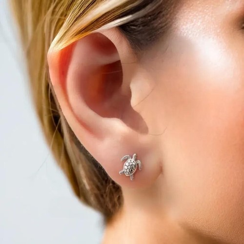 Turtle Stud Earrings, Tiny Silver Studs 8mm Meaningful Jewellery Gift For Girl - Picture 3 of 6