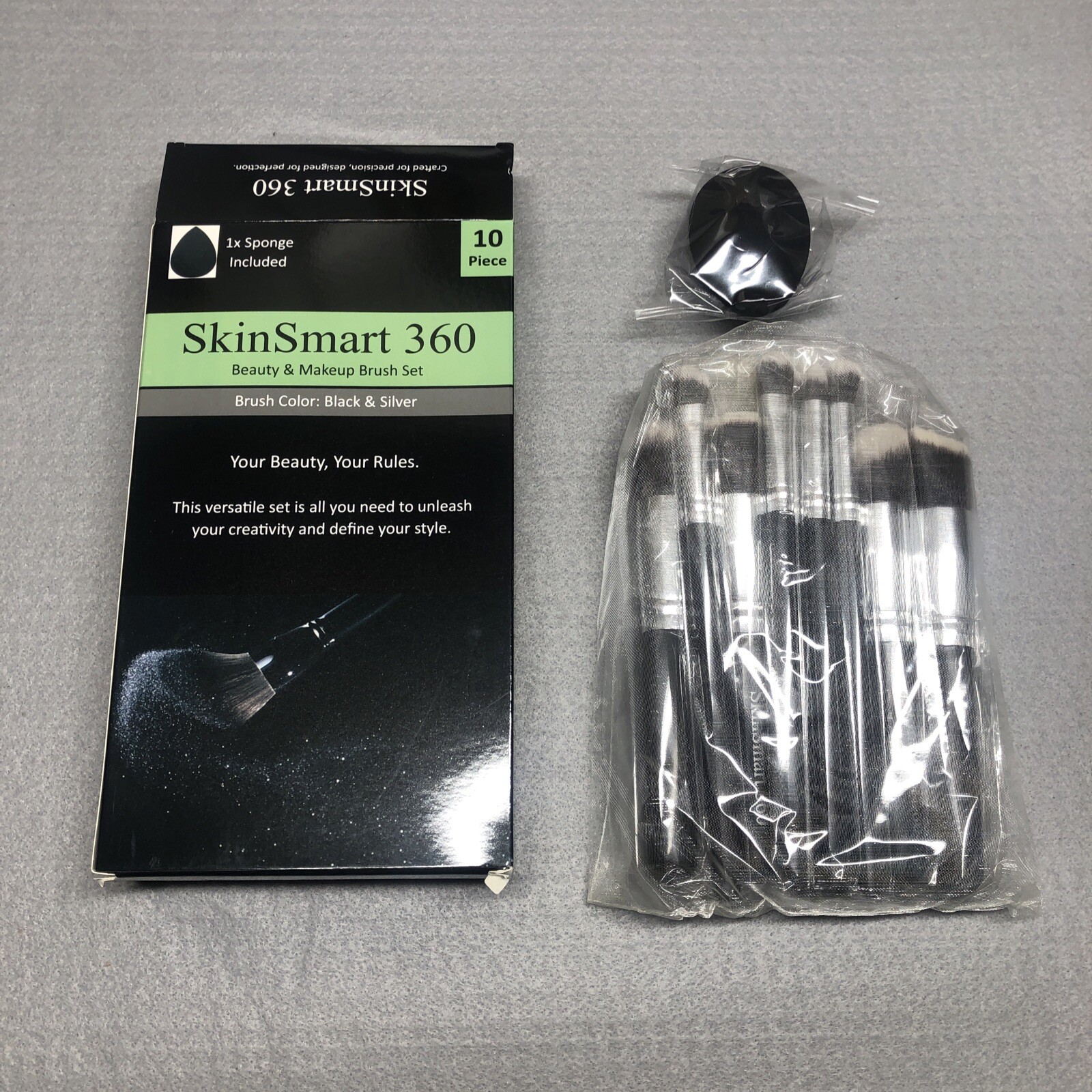 SkinSmart 360 10-Piece Makeup Brush Set with Black & Silver Sponge Beauty Kit