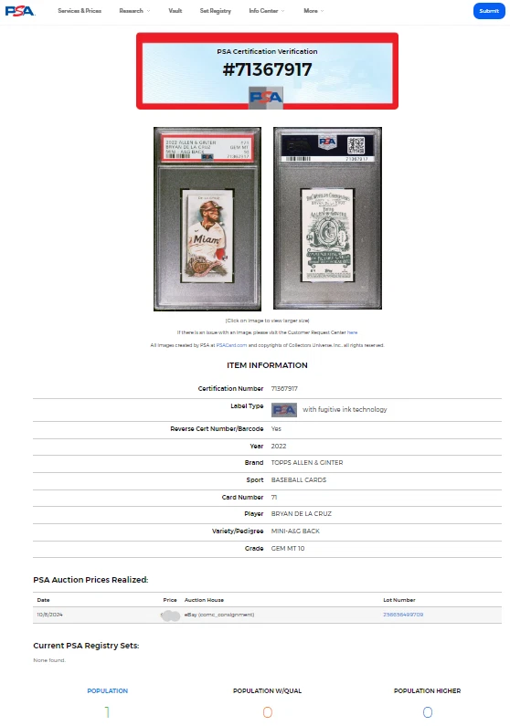 2022 Topps Allen & Ginter Mini A&G Back Bryan De La Cruz Rookie RC PSA 10 POP 1 - Image 3 of 3