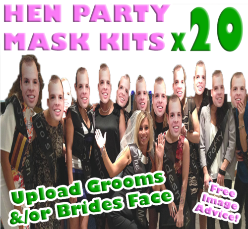 20 x Personalised Photo Face Masks Kits - Hen Party Hen Do Groom Masks Hen Masks - Afbeelding 1 van 10