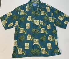 Bermuda Bay 100% Silk Hawaiian Aloha Camp Shirt Sz M Chest 44” Teal EUC Marlin