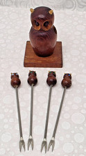 Owl & Babies Teak Wood Cocktail Hor d'oeuvres Fork Set Jeweled Eyes Vintage MCM