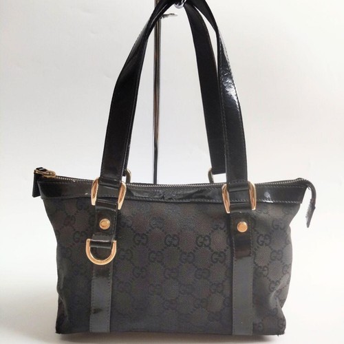 Gucci GG Canvas Patent Leather Abby Black Shoulder Handbag Gold HW 141471002122