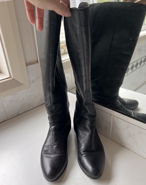EVERYBODY Knee high BLACK GENUINE LEATHER & FLEECE LINED ZIP UP BOOTS Size 37