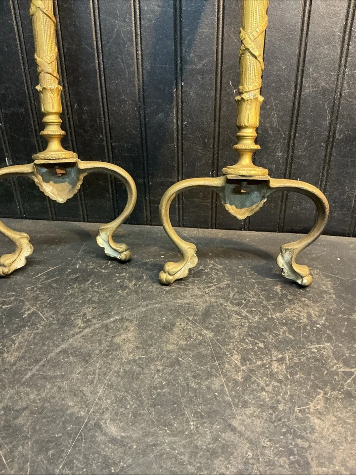 Antique Art Deco 1920s Style Brass Cast Iron Andirons Ornate Detailed Torch 21in - Image 4 of 4