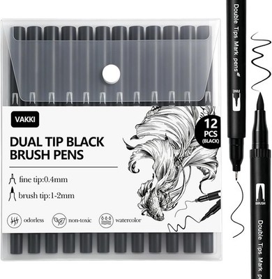 Vakki 12 Stück Filzstift Schwarz Dual Brush Pen, Fineliner Schwarz(0.4mm) + 