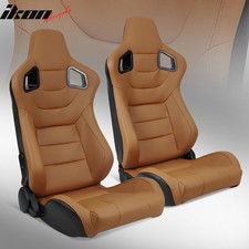 Universal Pair Reclinable Racing Seats Dual Sliders Brown Pu Carbon Leather