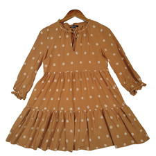 Madewell Mini Dress Womens XS Warm Hickory Bloom Dot Tiered Tie-Neck A-Line Boho