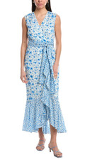 NWT Maison Tara Blue Floral V-Neck Ruffle Sleeveless Maxi Dress Womans Size 16