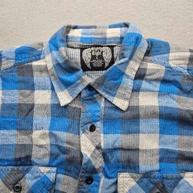 Camisa Eighty Eight Para Hombre Talla Grande Azul Gris Blanco A Cuadros Manga Larga Con Botones Foto 2 de 4