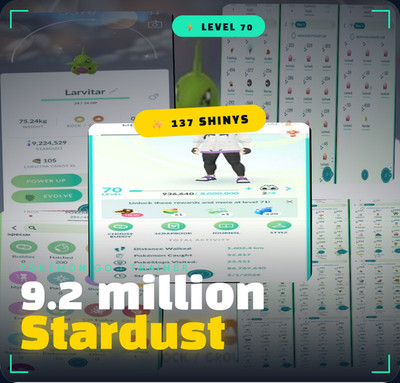 Pokémon Go Acc Level 70 +137 Shiny +9.2m Stardust - Male
