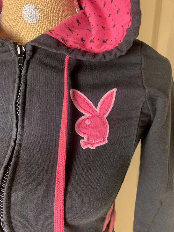 Vintage Y2K Playboy Bunny Full zip Hoodie Small MCbling 90s 3/4 Sleeves Grail - Image 2 of 4
