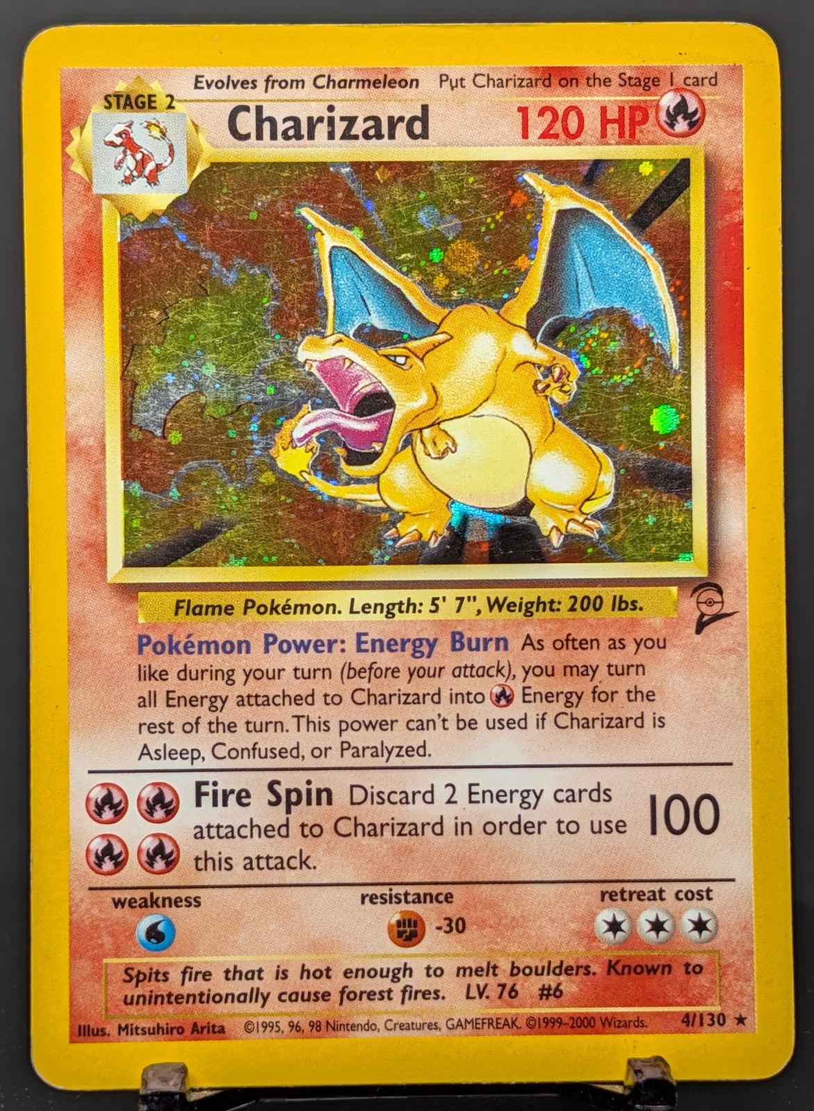 Pokemon Charizard #4/130 English Base Set 2 WOTC Holo Rare Swirl