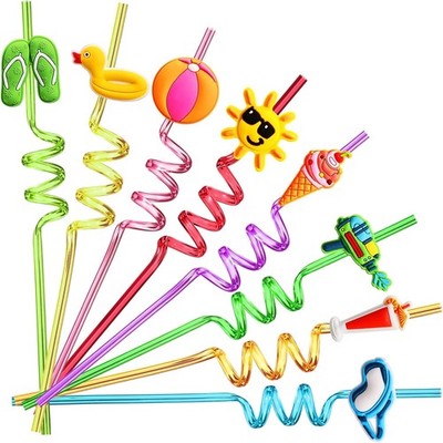 24 Beach Drinking Silly Straws for Kids Summer Birthday Party Favors with Brush