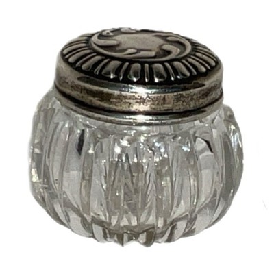Tiny Cut Glass Vanity Jar with Sterling Lid
