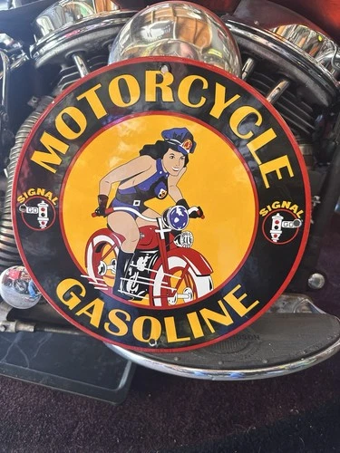 RARE VINTAGE PORCELAIN 1948 SIGNAL MOTORCYCLE GAS SIGN Harley Indian Triumph BSA