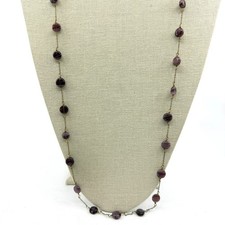 Purple Banded Glass Bead Long Station Necklace Antique Gold Tone Boho Layering
